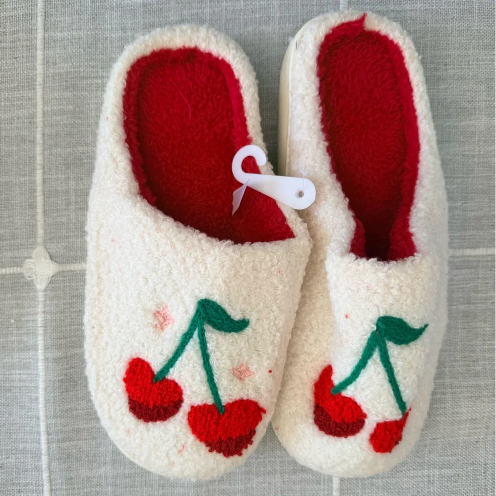 Cream Cherry Embroidered Cozy Slippers